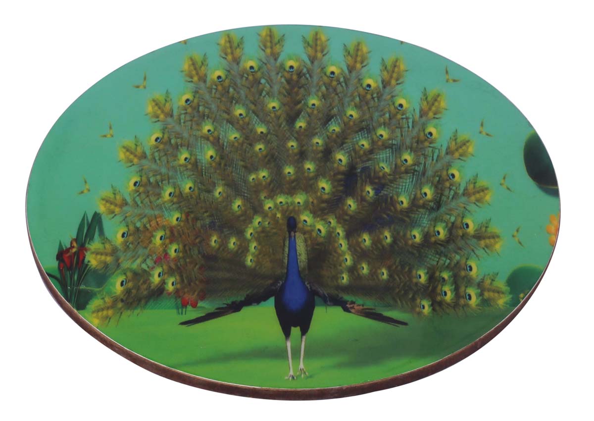 8” Hand-Crafted Trivet in MDF - Hand-Enameled with Peacock Art in Green & Blue - Kitchen Essentials / Serve Ware from India - Buy in Bulk Wholesale